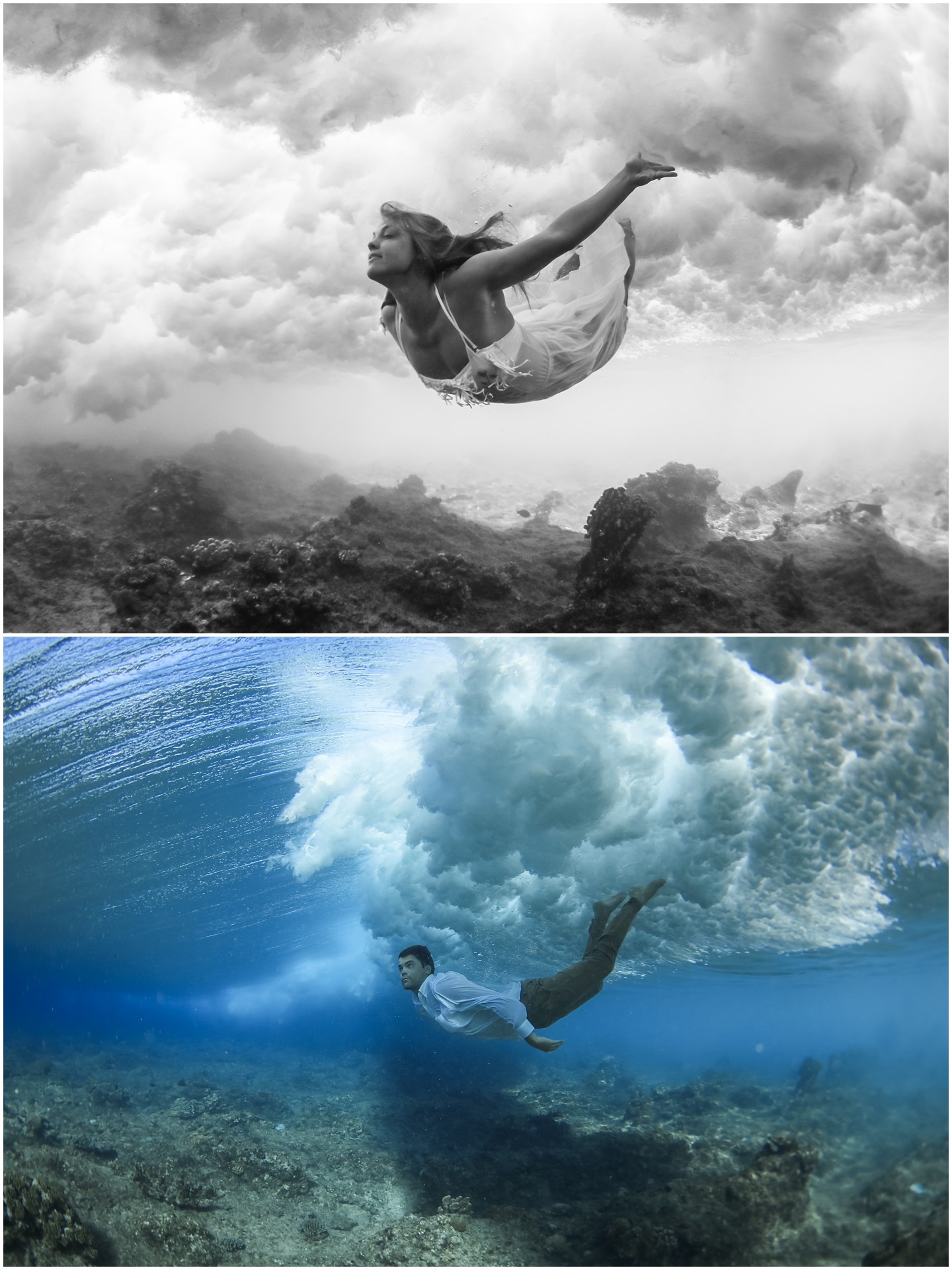 Swimming in the Clouds Fiji Underwater Portrait Session