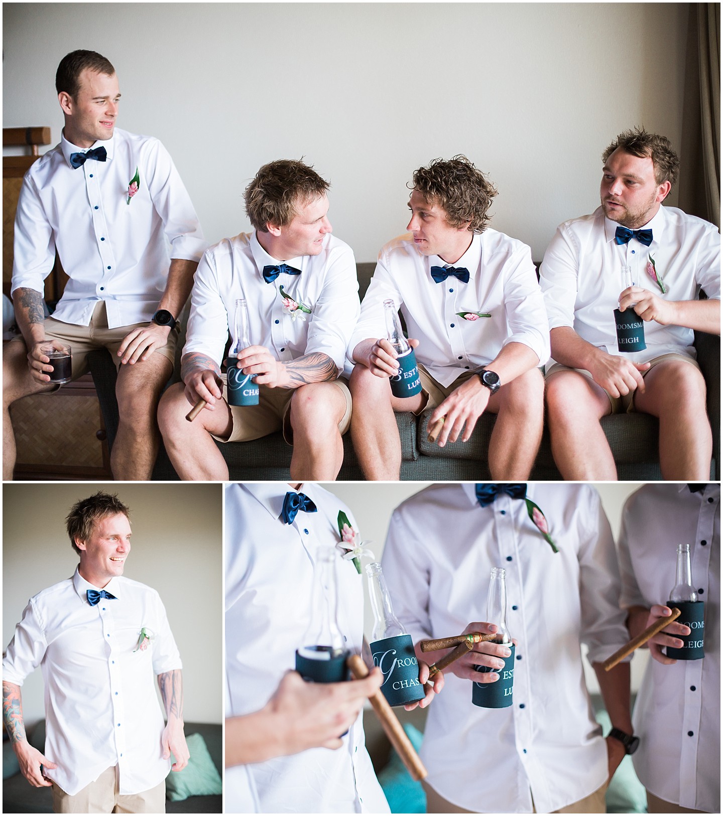 Outrigger Fiji Wedding Groomsmen getting ready beer cozies and cigars