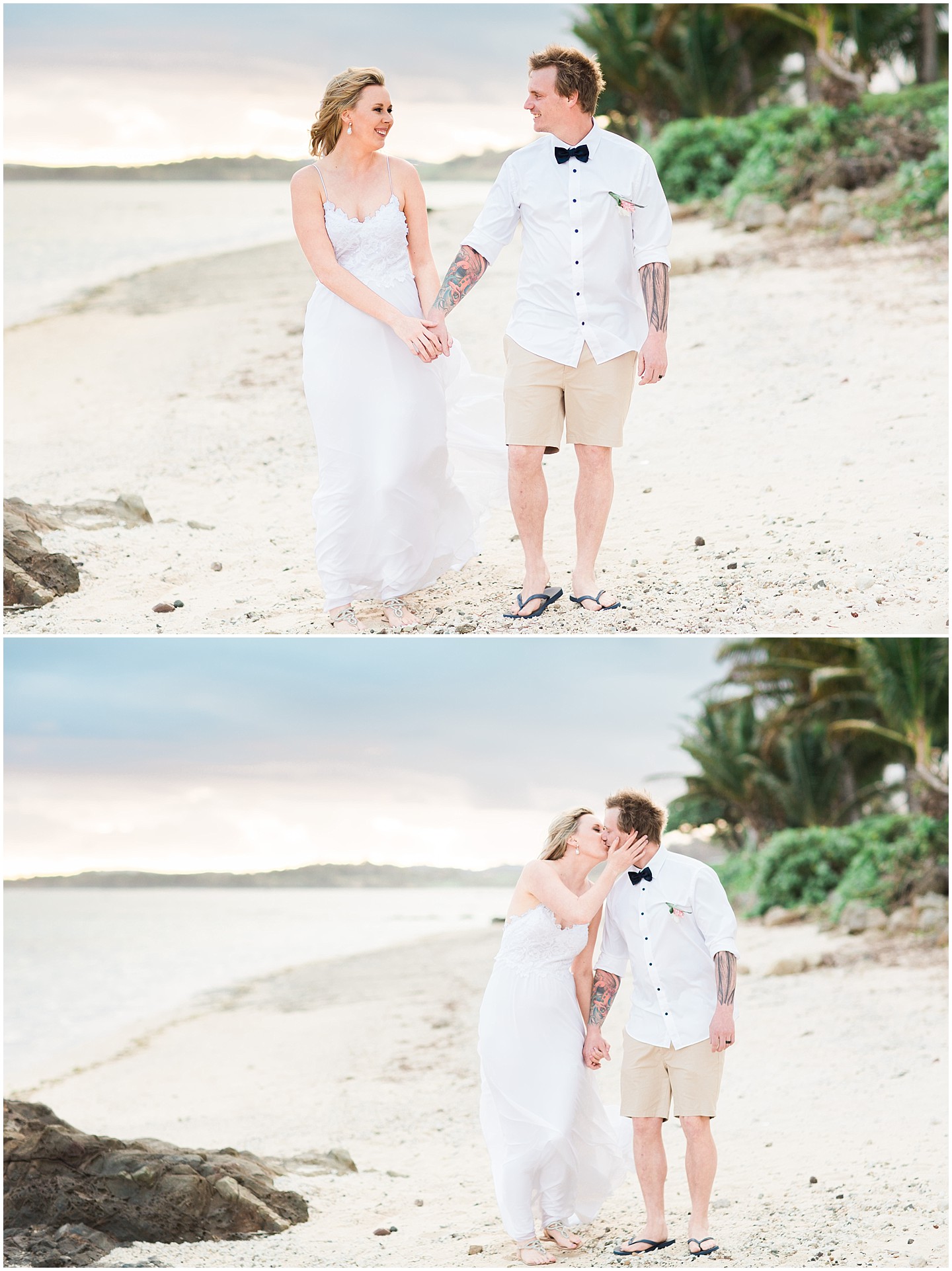 Outrigger Fiji Wedding bride and groom beach walk